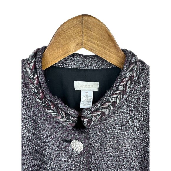 Chicos Women’s Textured Purple Knit Button Front Painted Silver Jacket Size 2 L - Picture 4 of 10